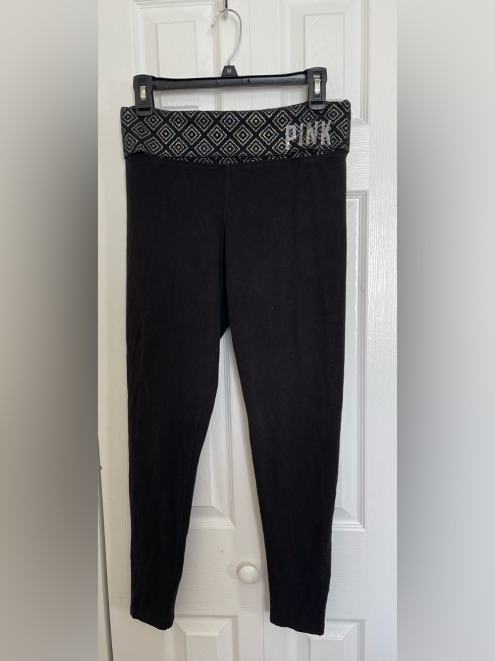 Vintage Victoria's Secret Black Pink Yoga Leggings with Geometric Foldover Waist